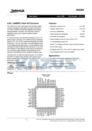 HI3286JCQ datasheet - 8-Bit, 160MSPS, Flash A/D Converter