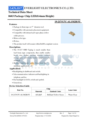 19-217-G7C-AL1M2B-3T datasheet - 0603 Package Chip LED(0.4mm Height)