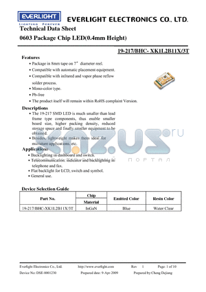 19-217-BHC-XK1L2B11X-3T datasheet - 0603 Package Chip LED(0.4mm Height)