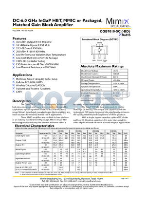 CGB7010-SC-0G00 datasheet - DC-6.0 GHz InGaP HBT, MMIC or Packaged, Matched Gain Block Amplifier