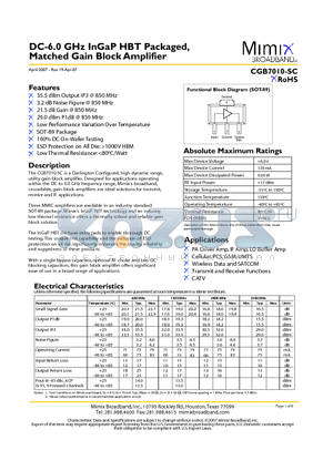 CGB7010-SC datasheet - DC-6.0 GHz InGaP HBT Packaged, Matched Gain Block Amplifier