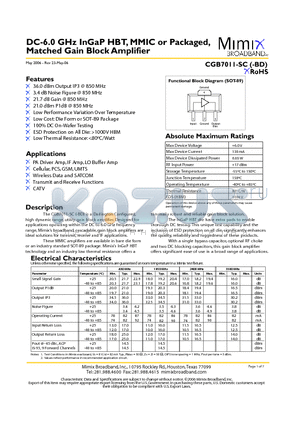 CGB7011-BD datasheet - DC-6.0 GHz InGaP HBT, MMIC or Packaged, Matched Gain Block Amplifier