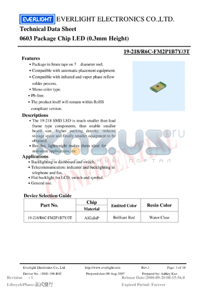 19-218-R6C-FM2P1B7Y-3T datasheet - 0603 Package Chip LED (0.3mm Height)