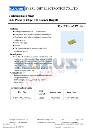 19-219-T7D-AV1W1E-3T datasheet - 0603 Package Chip LED (0.2mm Height)