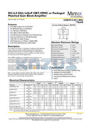 CGB7012-BD datasheet - DC-6.0 GHz InGaP HBT, MMIC or Packaged Matched Gain Block Amplifier