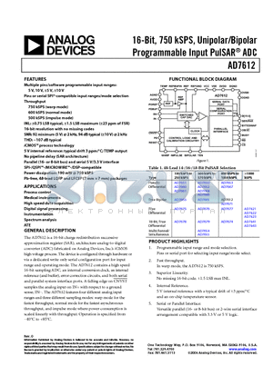 AD7612BSTZ-RL datasheet - 16-Bit, 750 kSPS, Unipolar/Bipolar Programmable Input PulSAR ADC