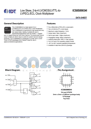 8S89834AKILFT datasheet - Low Skew, 2-to-4 LVCMOS/LVTTL-to-LVPECL/ECL Clock Multiplexer