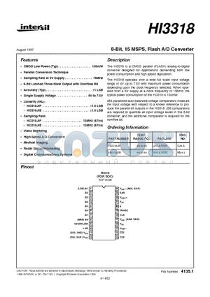 HI3318JIP datasheet - 8-Bit, 15 MSPS, Flash A/D Converter