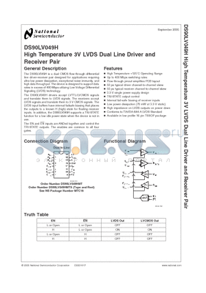DS90LV049HMT datasheet - High Temperature 3V LVDS Dual Line Driver and Receiver Pair