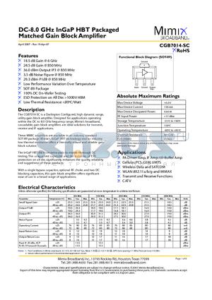 CGB7014-SC-0G00 datasheet - DC-8.0 GHz InGaP HBT Packaged Matched Gain Block Amplifier