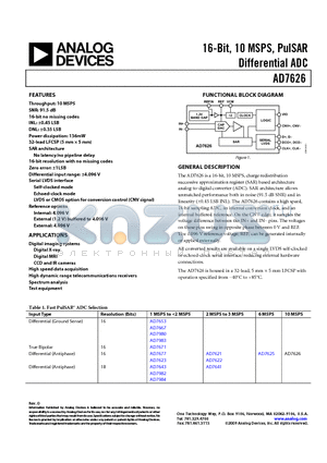 AD7626 datasheet - 16-Bit, 10 MSPS, PulSAR Differential ADC