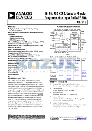 AD7612 datasheet - 16-Bit, 750 kSPS, Unipolar/Bipolar Programmable Input PulSAR ADC