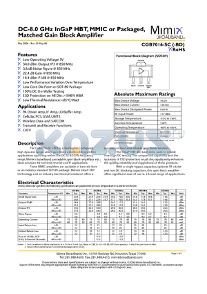 CGB7016-BD datasheet - DC-8.0 GHz InGaP HBT, MMIC or Packaged, Matched Gain Block Amplifier