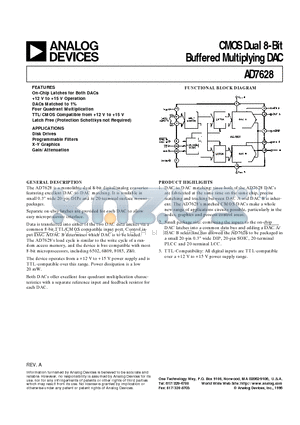 AD7628 datasheet - CMOS Dual 8-Bit Buffered Multiplying DAC