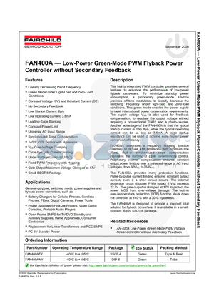 FAN400A datasheet - Low-Power Green-Mode PWM Flyback Power Controller without Secondary Feedback