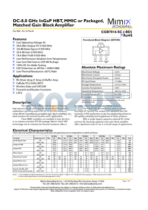 CGB7016-SC datasheet - DC-8.0 GHz InGaP HBT, MMIC or Packaged, Matched Gain Block Amplifier