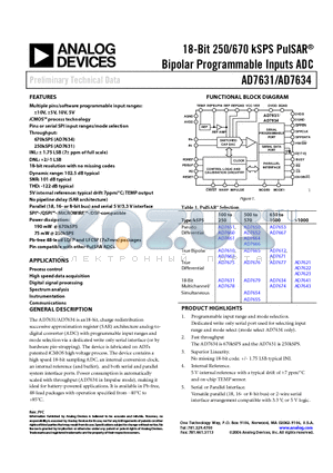 AD7634 datasheet - 18-Bit 250/670 kSPS PulSAR Bipolar Programmable Inputs ADC