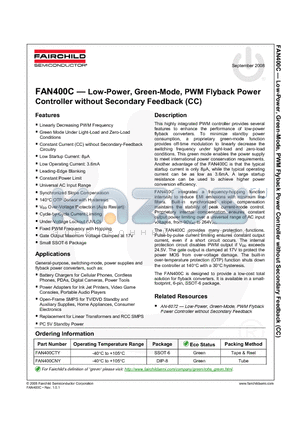 FAN400CNY datasheet - Low-Power, Green-Mode, PWM Flyback Power Controller without Secondary Feedback (CC)