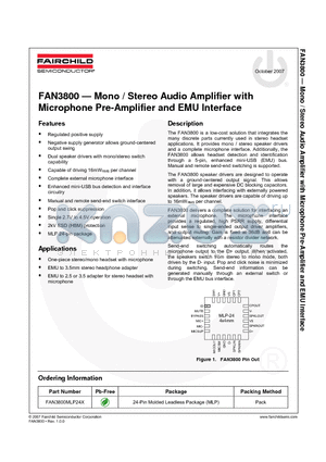 FAN3800MLP24X datasheet - Mono / Stereo Audio Amplifier with Microphone Pre-Amplifier and EMU Interface