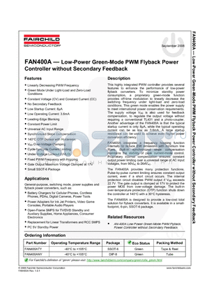 FAN400ANY datasheet - Low-Power Green-Mode PWM Flyback Power Controller without Secondary Feedback