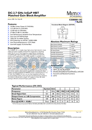 CGB8001-SC datasheet - DC-2.7 GHz InGaP HBT Matched Gain Block Amplifier