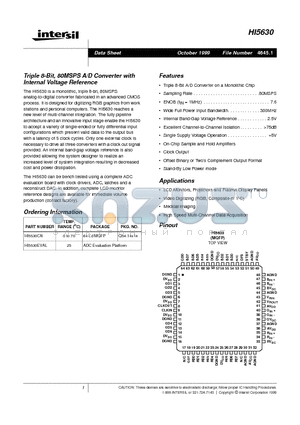 HI5630 datasheet - Triple 8-Bit, 80MSPS A/D Converter with Internal Voltage Reference