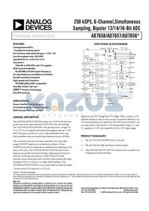 AD7657BSTZ datasheet - 250 kSPS, 6-Channel,Simultaneous Sampling, Bipolar 12/14/16-Bit ADC