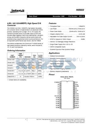 HI5660IB datasheet - 8-Bit, 165/125/60MSPS, High Speed D/A Converter