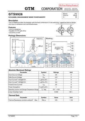 GTS9926 datasheet - N-CHANNEL ENHANCEMENT MODE POWER MOSFET