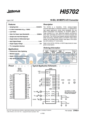 HI5702-EV2 datasheet - 10-Bit, 40 MSPS A/D Converter