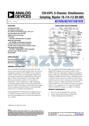AD7658 datasheet - 250 kSPS, 6-Channel, Simultaneous Sampling, Bipolar 16-/14-/12-Bit ADC