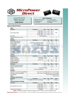 G214 datasheet - Compact MiniDIP, 2W Single & Dual Output DC/DC Converters