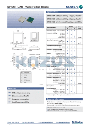 GTXO-576 datasheet - 5V SM TCXO Wide Pulling Range