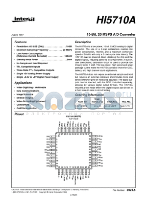 HI5710A datasheet - 10-Bit, 20 MSPS A/D Converter