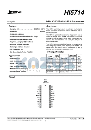 HI5714/4CB datasheet - 8-Bit, 40/60/75/80 MSPS A/D Converter