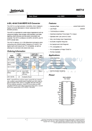 HI5714/4CB datasheet - 8-Bit, 40/60/75/80 MSPS A/D Converter