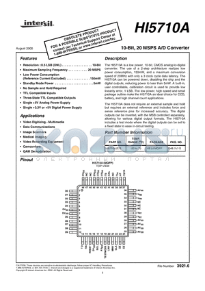 HI5710A_00 datasheet - 10-Bit, 20 MSPS A/D Converter