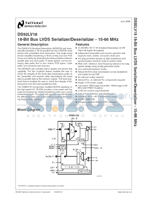 DS92LV18_06 datasheet - 18-Bit Bus LVDS Serializer/Deserializer - 15-66 MHz