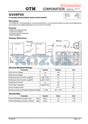 GU08P20 datasheet - P-CHANNEL ENHANCEMENT MODE POWER MOSFET