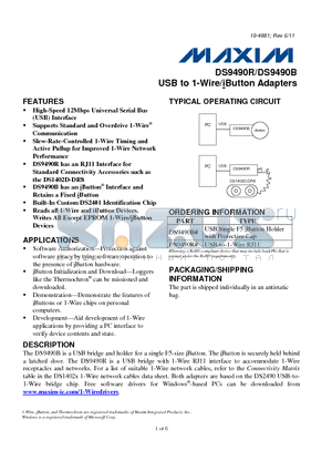 DS9490R datasheet - USB to 1-Wire/iButton Adapters High-Speed 12Mbps Universal Serial Bus (USB) Interface