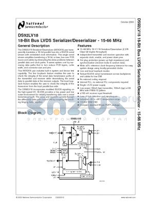 DS92LV18 datasheet - 18-Bit Bus LVDS Serializer/Deserializer - 15-66 MHz