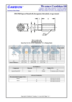 350-3928 datasheet - Spacer/Stand-off, hexagonal, threaded, swage mount