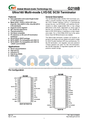 G218BT-S5F datasheet - Ultra160 Multi-mode LVD/SE SCSI Terminator