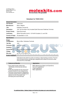 19004-0009 datasheet - .250 Tab Size Nylon Fully Insulated Quick Disconnect Solderless Terminals