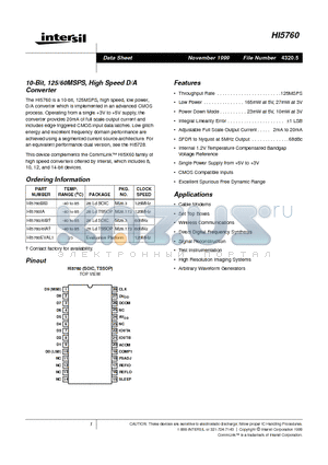 HI5760IA datasheet - 10-Bit, 125/60MSPS, High Speed D/A Converter