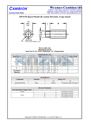 350-5178 datasheet - Spacer/Stand-off, round, thru hole, swage mount