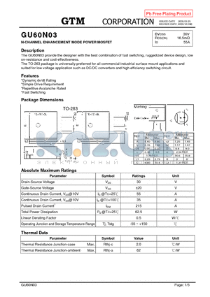 GU60N03 datasheet - N-CHANNEL ENHANCEMENT MODE POWER MOSFET