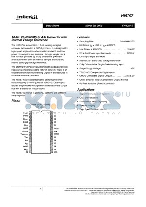 HI5767 datasheet - 10-Bit, 20/40/60MSPS A/D Converter with Internal Voltage Reference