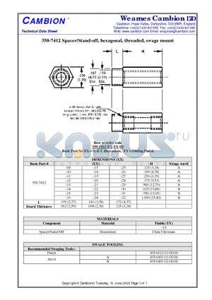 350-7412 datasheet - Spacer/Stand-off, hexagonal, threaded, swage mount