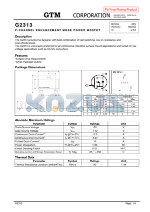 G2313 datasheet - P-CHANNEL ENHANCEMENT MODE POWER MOSFET